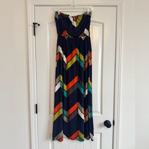 Trixxi Sz Small Strapless Maxi Dress. Navy blue, orange, multi  geometric print